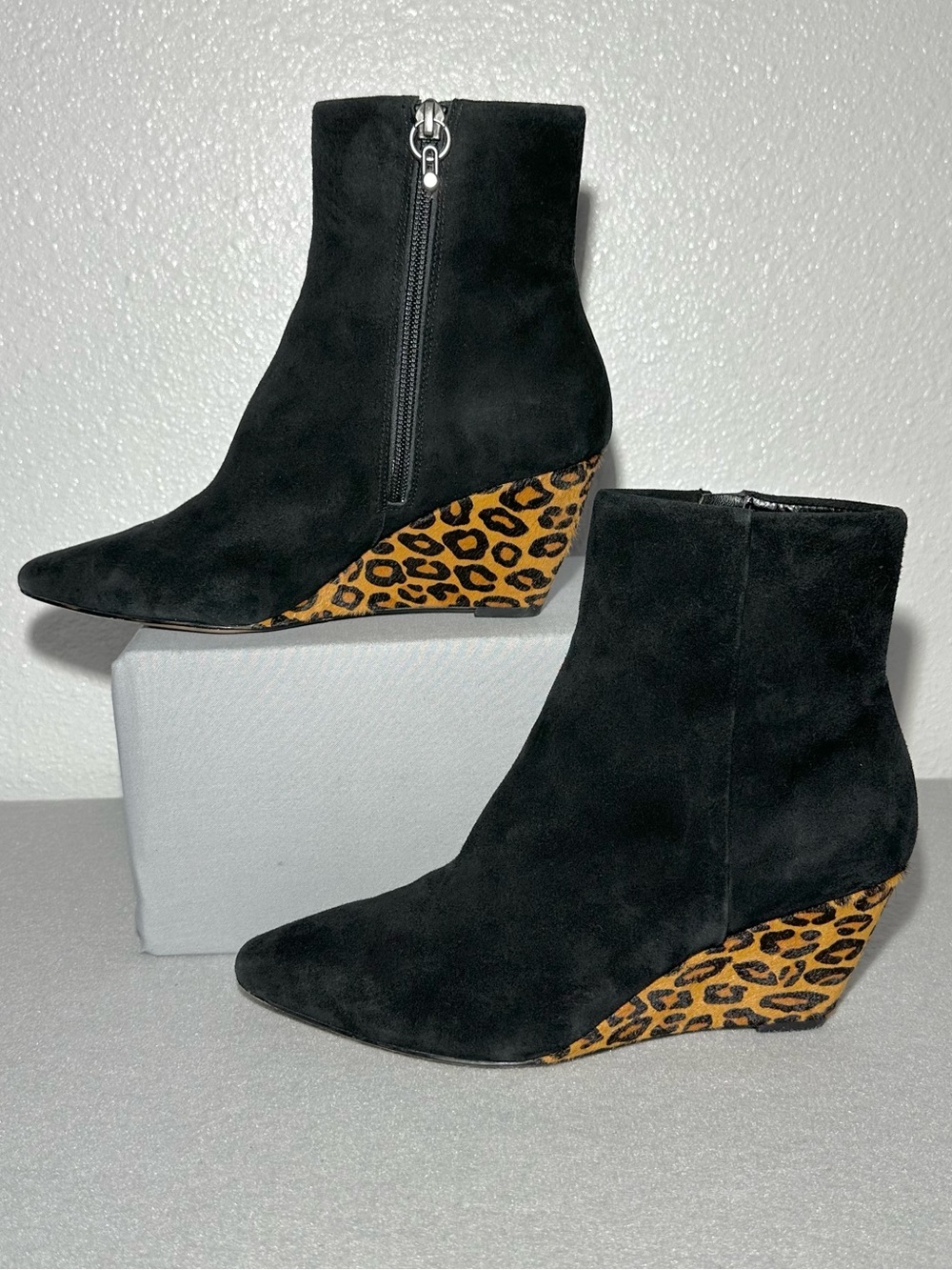 Donald J. Pliner Jae Black Suede Leopard Calf Hair Wedge Bootie